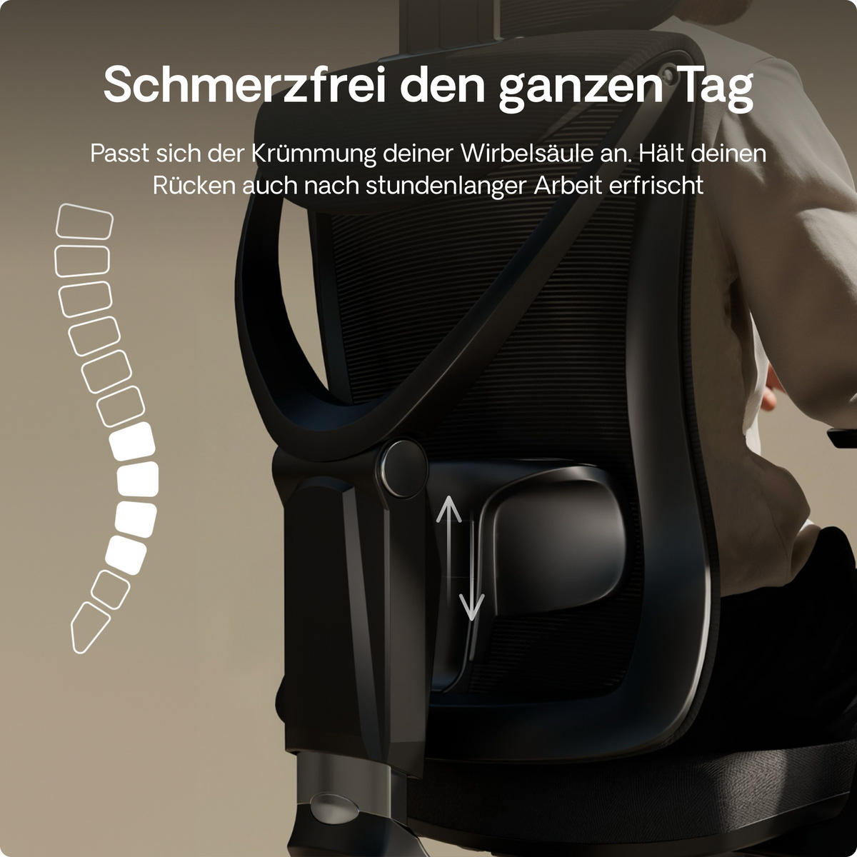 BÜROSTUHL Verstellbarer Ergonomischer SitPro Schwarz 3-Dimensional Armlehne, Integrierte 5-Wege-Lendenwirbelstütze - Schwarz, Kunststoff (72/113/67cm) - Desktronic