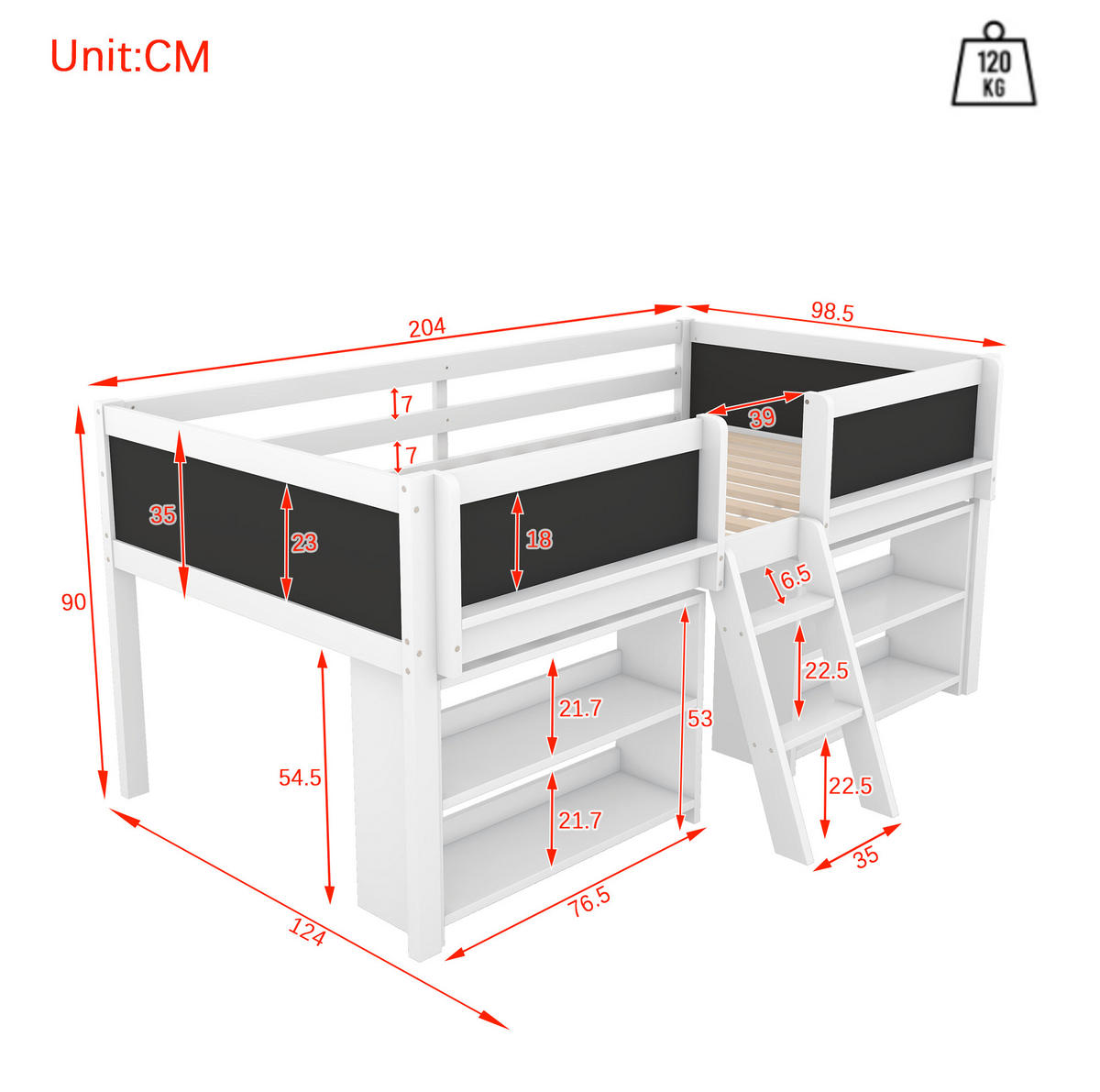 HALBHOHES BETT 90/200 cm, Weiß mit Stauraum, Leiter, ohne Matratze - Weiß, Holz (90/200cm) - MIVRAY