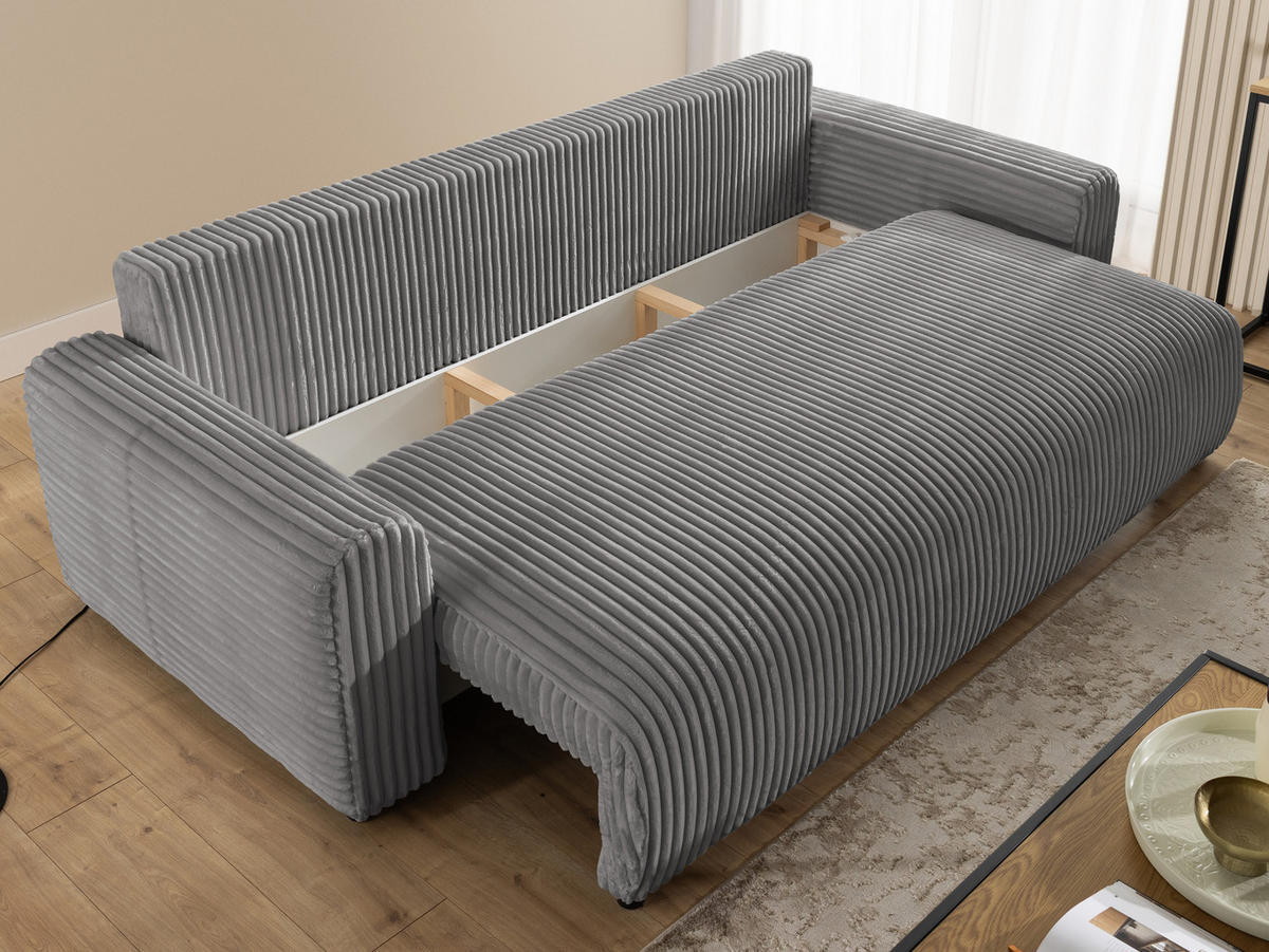 SCHLAFSOFA Calma mit Bettkasten im Bumpy-Design aus weichem Grau Plüschcord - Schwarz/Grau, Holz/Kunststoff (239/88/98cm) - S-Style