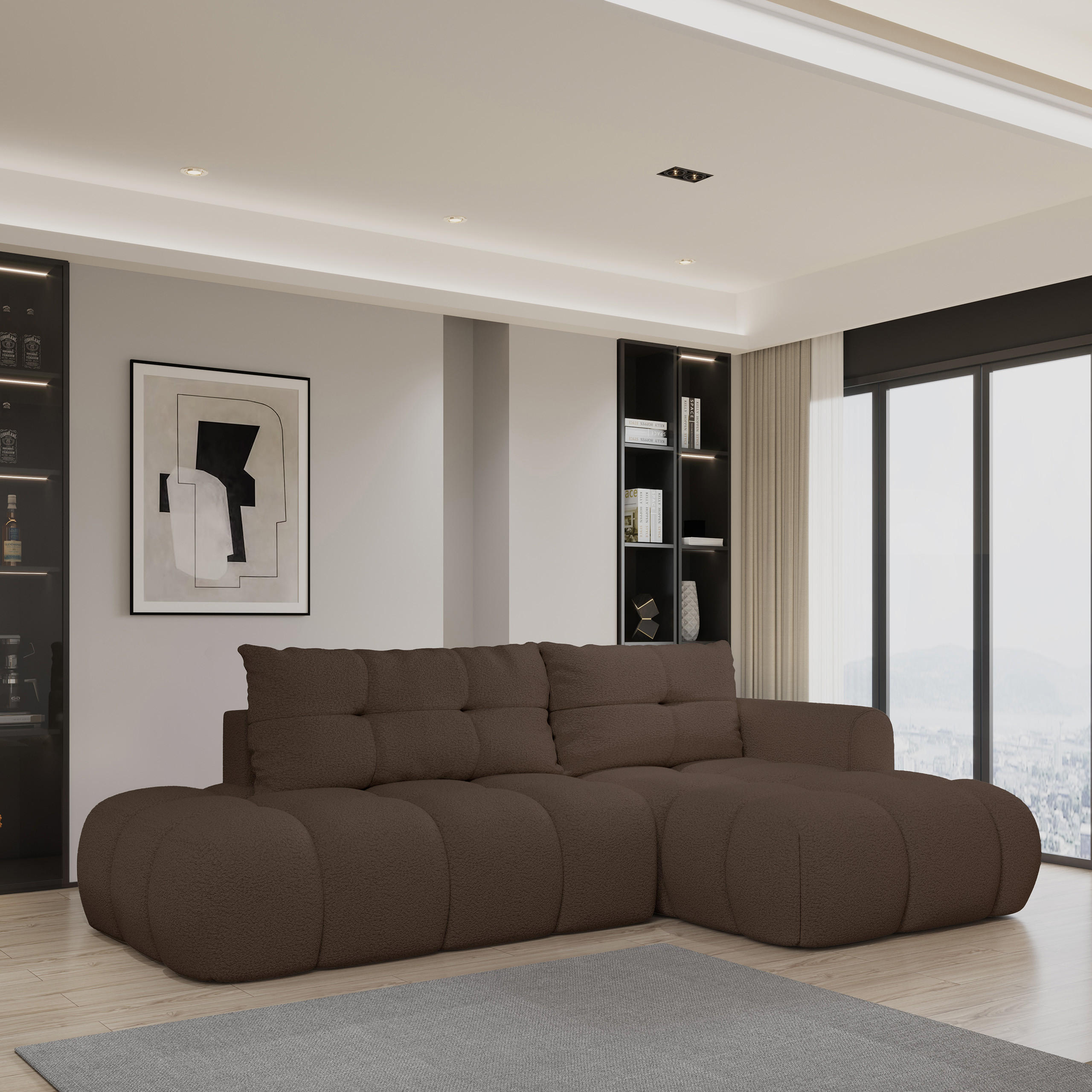 ECKSOFA FLUMA R-S Braun Boucle-Stoff mit Schlaffunktion - Braun, Holz (274/165cm) - MASSENO