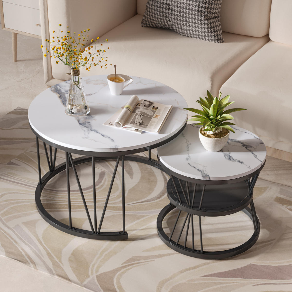 COUCHTISCH 2er Set Beistelltisch Rund, Schwarz - Schwarz, Metall (70/70/45cm)