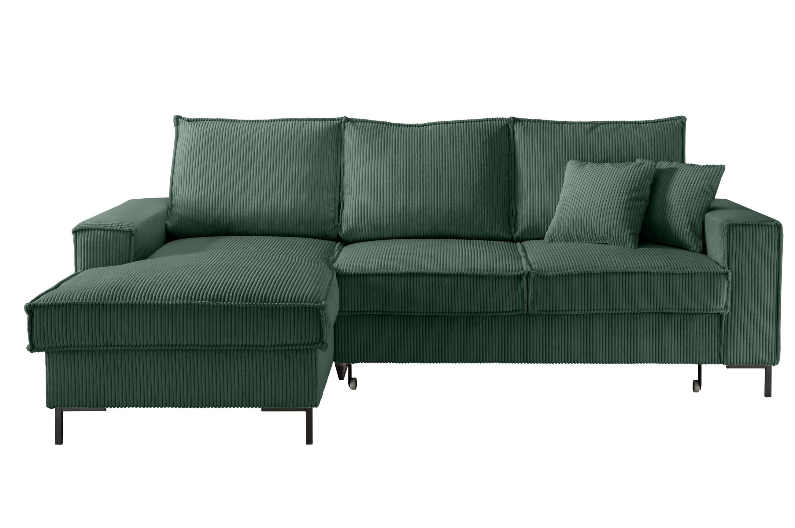 ECKSOFA mit Schlaffunktion, Bettkasten, Wellenunterfederung, Récamiere links B240/T150/H92 cm, Liegefl. 125x198 cm, Cord Grün / 17224 - Schwarz/Grün, Textil/Metall (240/150cm) - luma-home