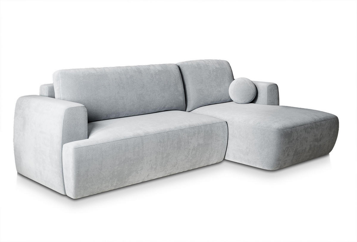 ECKSOFA SENTI K R-S Hellgrau Plüsch-Stoff mit Schlaffunktion - Hellgrau, Holz (246/148cm) - MASSENO