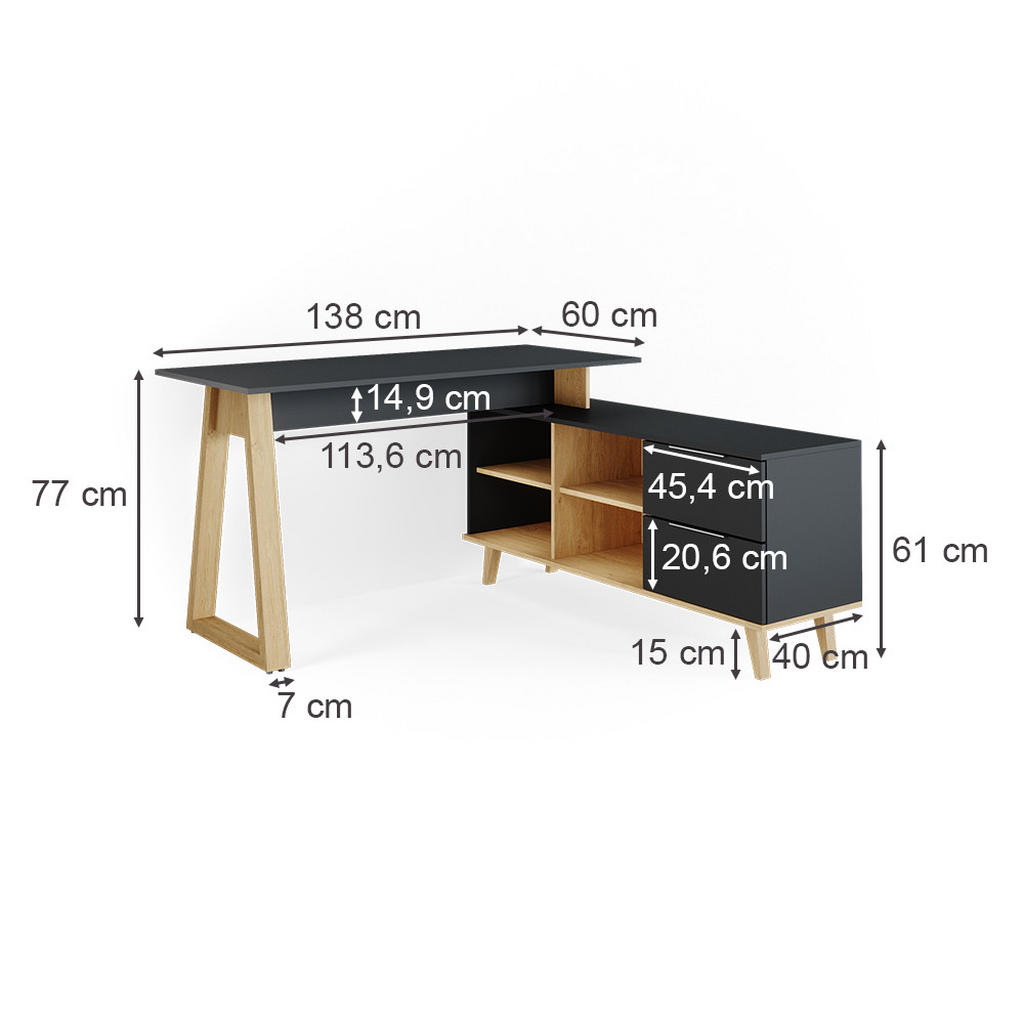 Thumbnail - Vicco Schreibtisch, Anthrazit, Buche, Holzwerkstoff, 7 Fächer, 2 Schubladen, Rechteckig,Rechteckig, 138x77x60 cm, Arbeit...