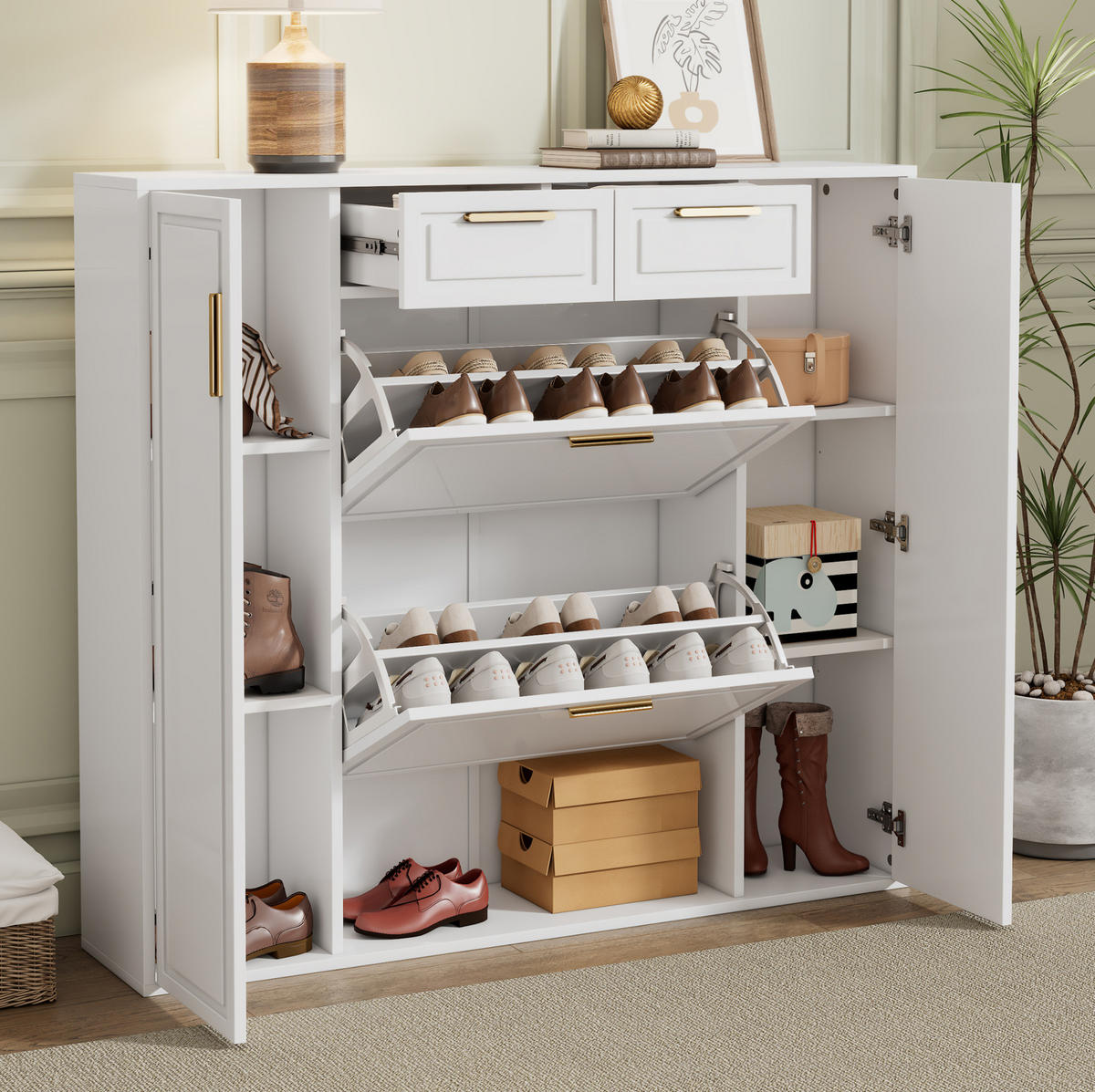 SCHUHSCHRANK 120/24/107 cm weiß aus MDF und Spanplatte mit Stauraum - Weiß, Holzwerkstoff (120/107/24cm) - OKWISH