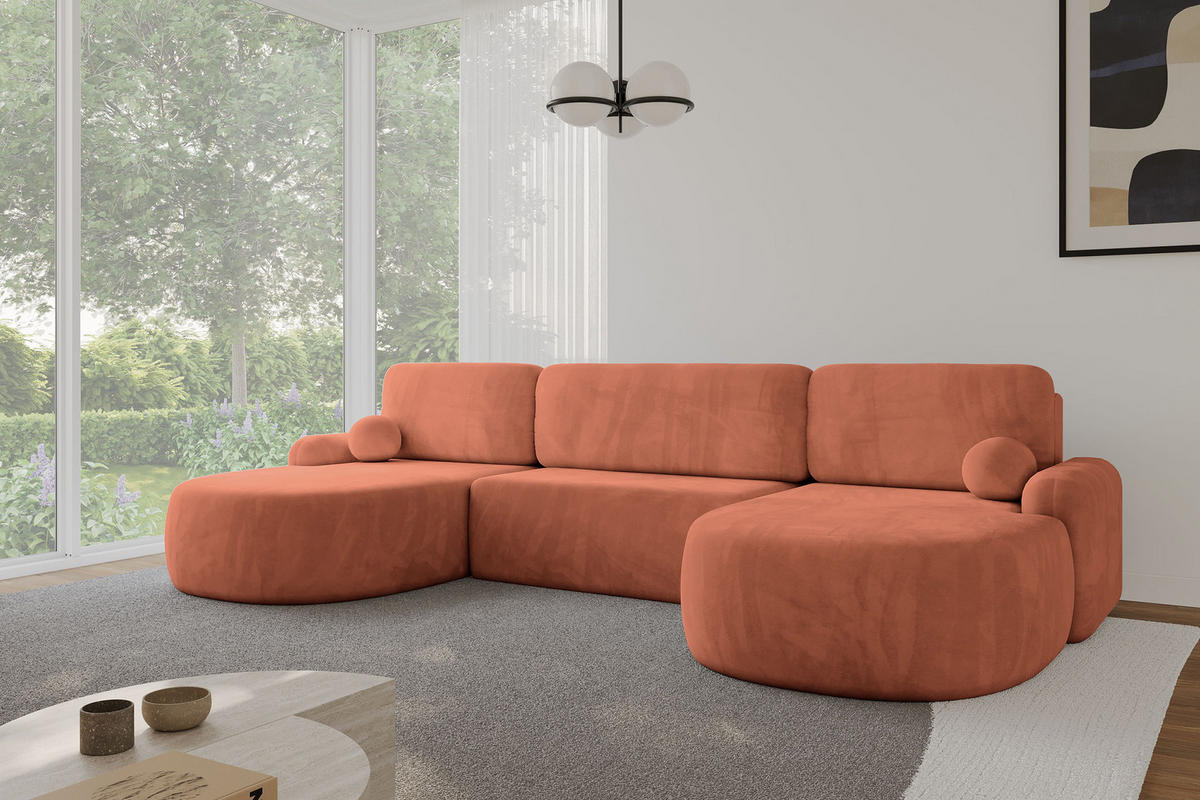 WOHNLANDSCHAFT mit Schlaffunktion und Bettkasten LIRA-U - 335x172x89 Apricot - Orange, Holzwerkstoff/Textil (335/89/172cm) - ALTDECOR