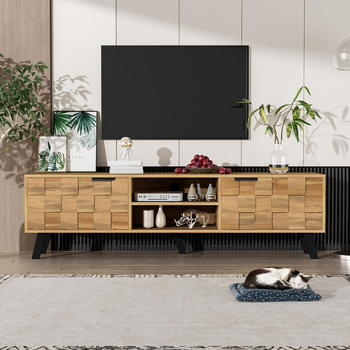 TV-SCHRANK 160x35cm Modern 2 Türen 2 offene Fächer Naturholz - Braun, Holz (43.8/10.5/188.5cm) - FLIEKS