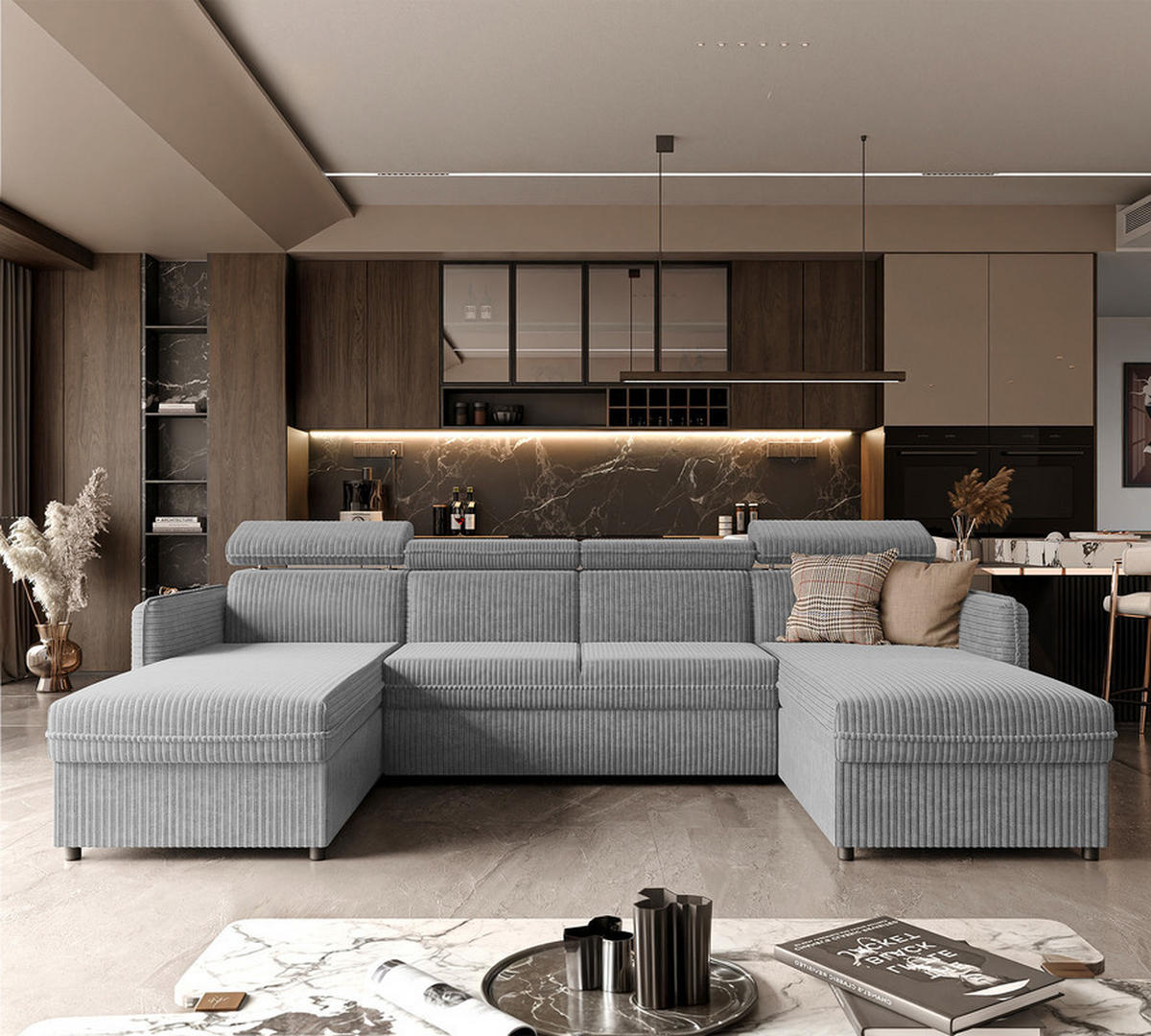 WOHNLANDSCHAFT BENI mit Schlaffunktion und Bettkasten Hellgrau - Hellgrau/Schwarz, Kunststoff/Textil (286/60/166cm) - Idohome
