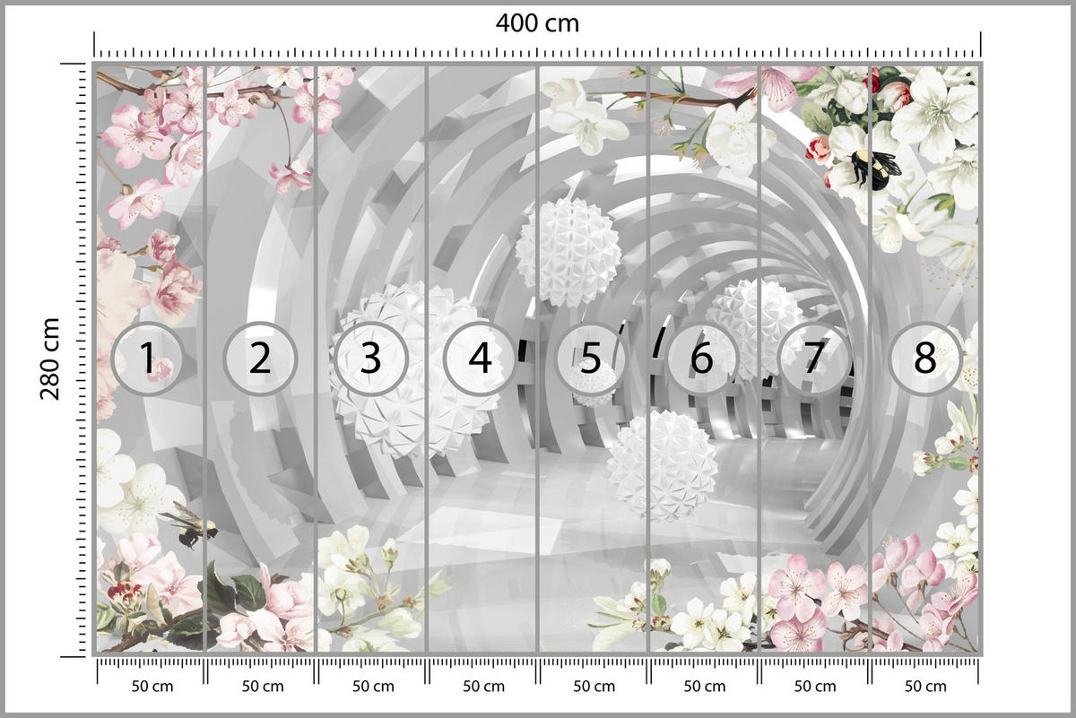 FOTOTAPETE für Wohnzimmer Tunnel mit BLUMEN KUGELN Floral Perspektive 400x280 - Rosa/Weiß, Papier (400/280cm) - Muralo