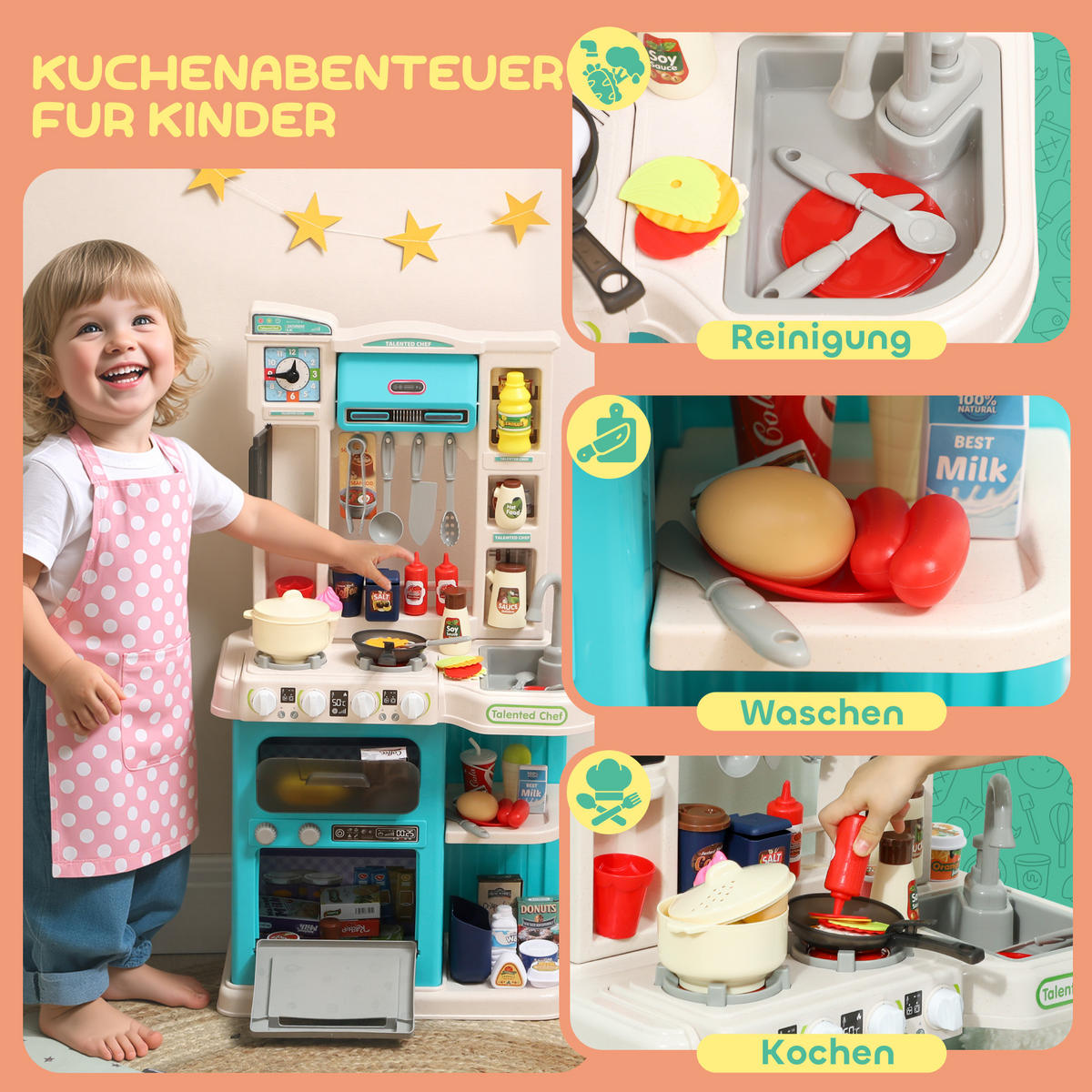 KINDERKÜCHE Spielküche mit Ofen Spüle Licht-und Soundfunktion und Zubehör - Grün, Kunststoff (24/44.5cm) - AIYAPLAY