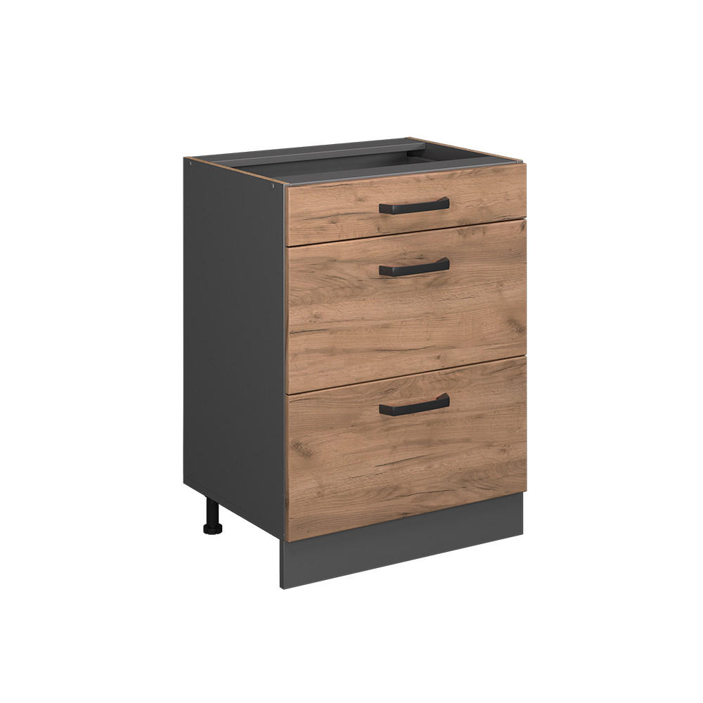 KÜCHENUNTERSCHRANK R-Line Goldkraft Eiche 60 cm mit Schubladen ohne AP - Anthrazit/Eiche Wotan, Holzwerkstoff (60/81.6/46cm) - Vicco