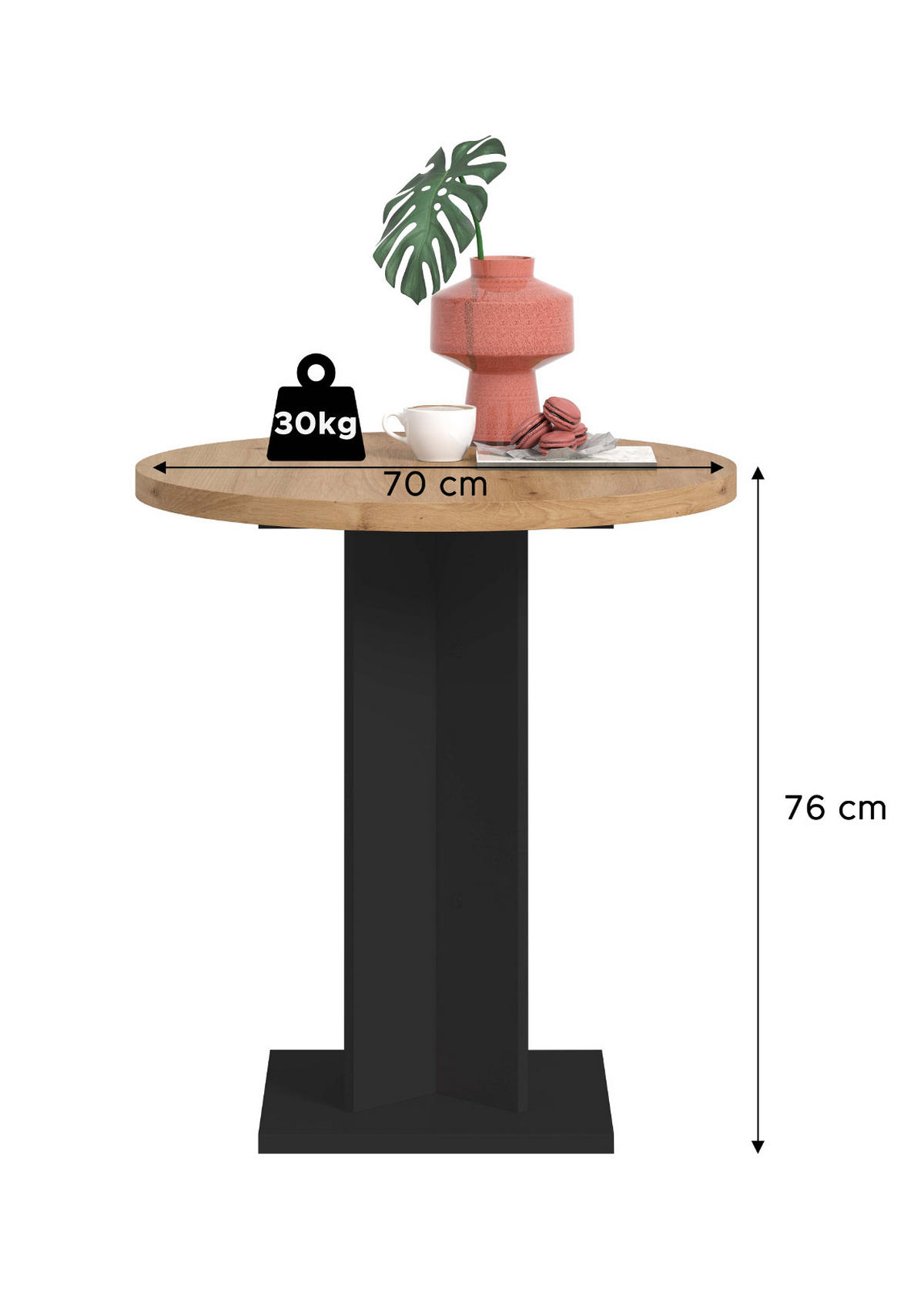 ESSTISCH Eiche Artisan, schwarz, Küchentisch rund Ø 70 cm - Schwarz/Eiche Artisan, Holzwerkstoff (70/70/76cm) - Inn.Furn