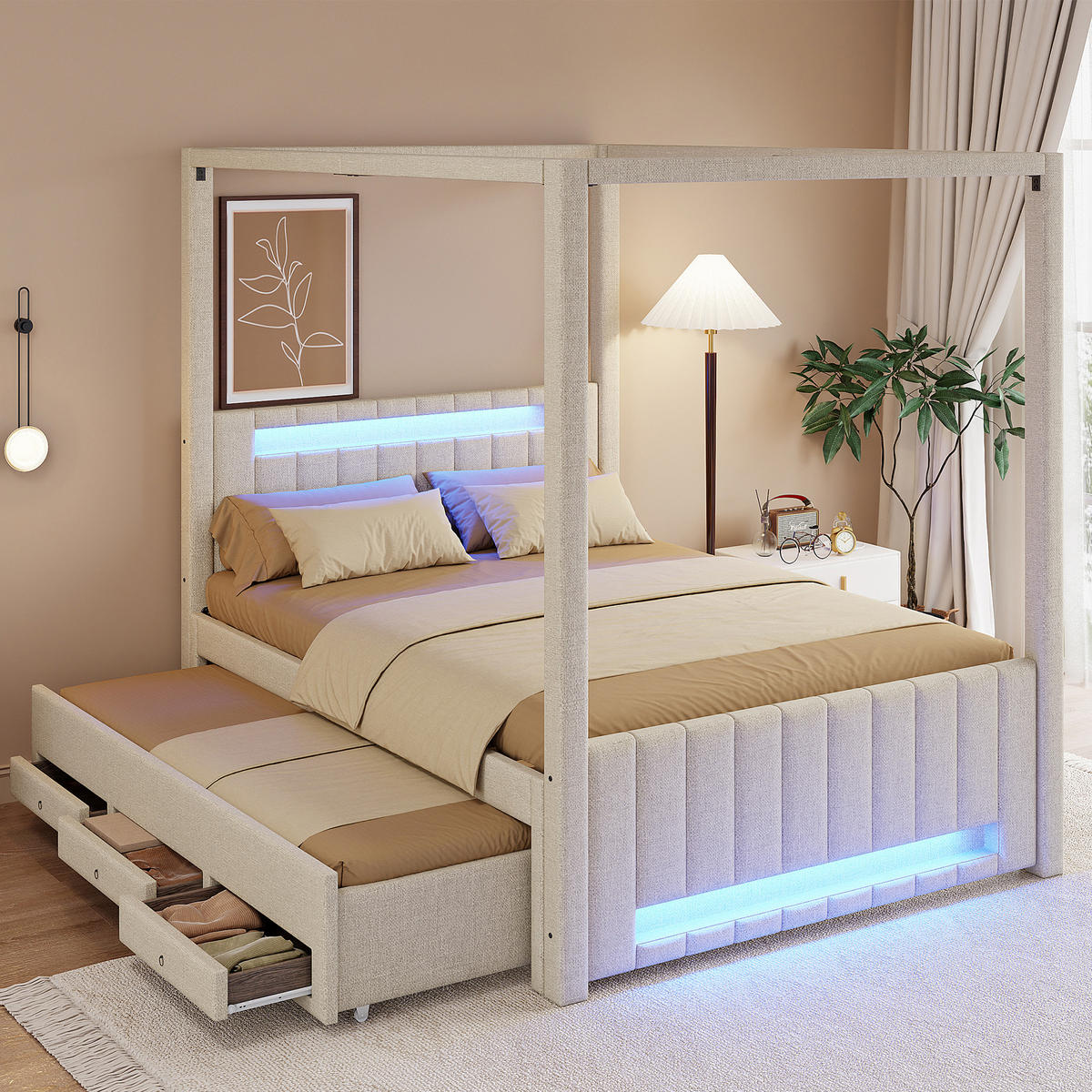 POLSTERBETT 140/200 cm in Beige mit Ausziehbett, 3 Schubladen und LED Leinen Himmelbett - Beige, Holzwerkstoff/Textil (140/200cm) - STILVORA