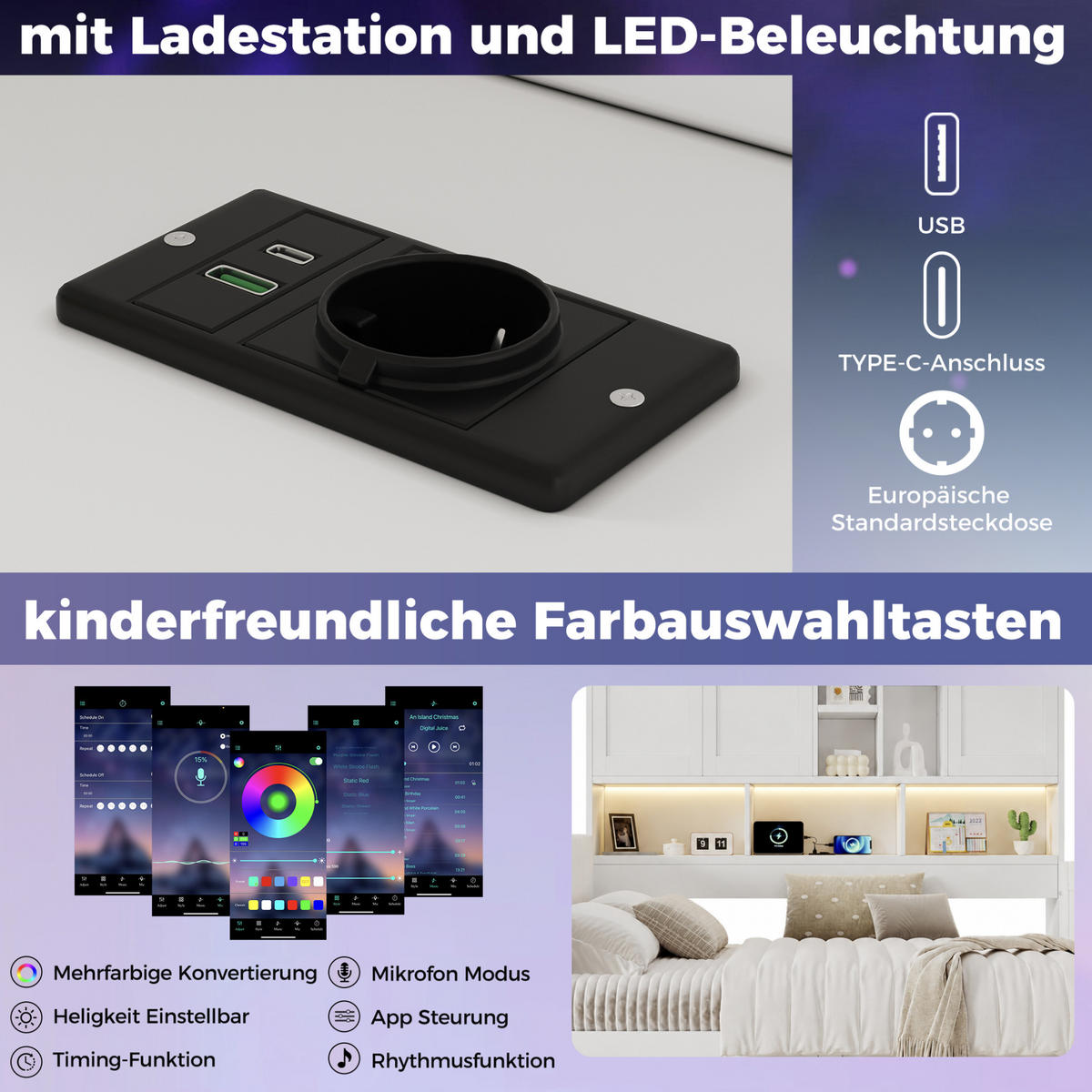 KINDERBETT aus MDF 90x200 cm Weiß mit LED-Beleuchtung, USB-C, Stauraum und PU-Kopfteil - Weiß, Holzwerkstoff (90/200cm) - Modfu