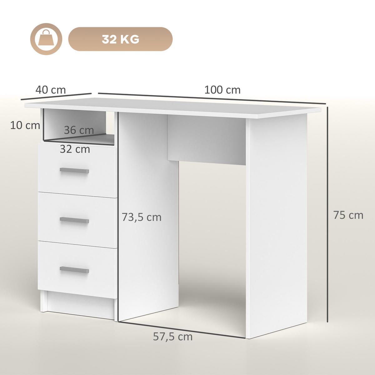 SCHREIBTISCH Weiß mit 3 Schubladen und offenem Ablagefach 100/40/75 cm - Weiß, Holzwerkstoff (40/100/75cm) - PANGIVO