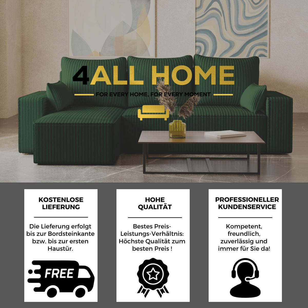 ECKSOFA Tobi mit Bettkasten und Schlaffunktion, L-Form/XL-Form, Cordstoff, Universal - Waldgrün, Holzwerkstoff (246/145cm) - 4ALL HOME