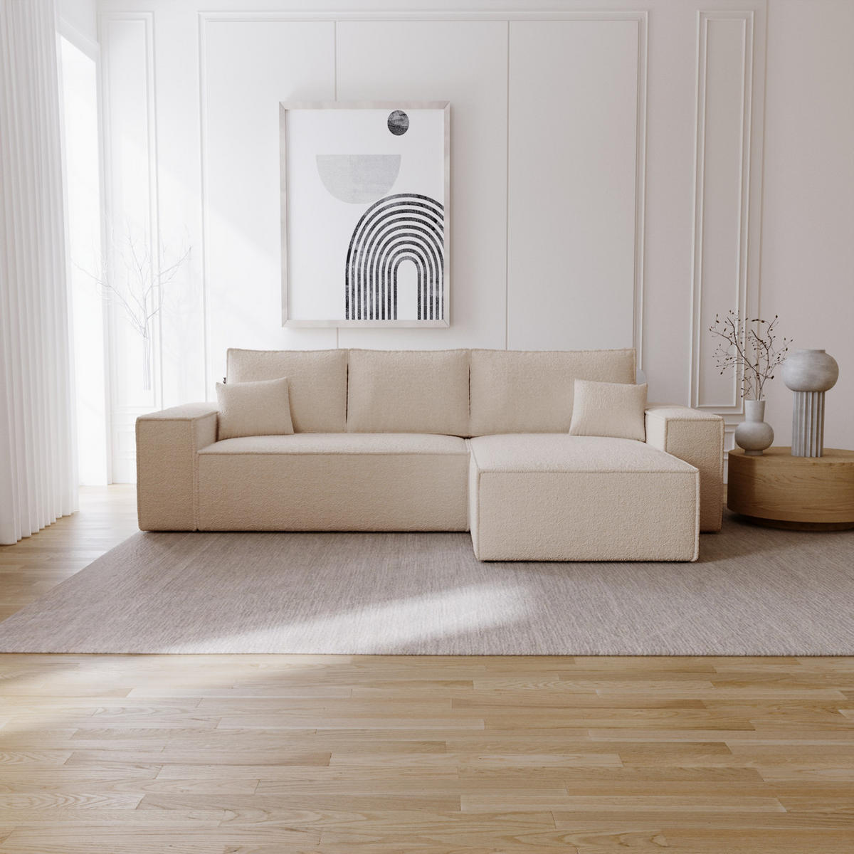 ECKSOFA Bouclé 280 cm Bergamo L mit Bettkasten, Schlaffunktion, Rechts - Beige - Beige, Holz (189/277cm) - Emporius