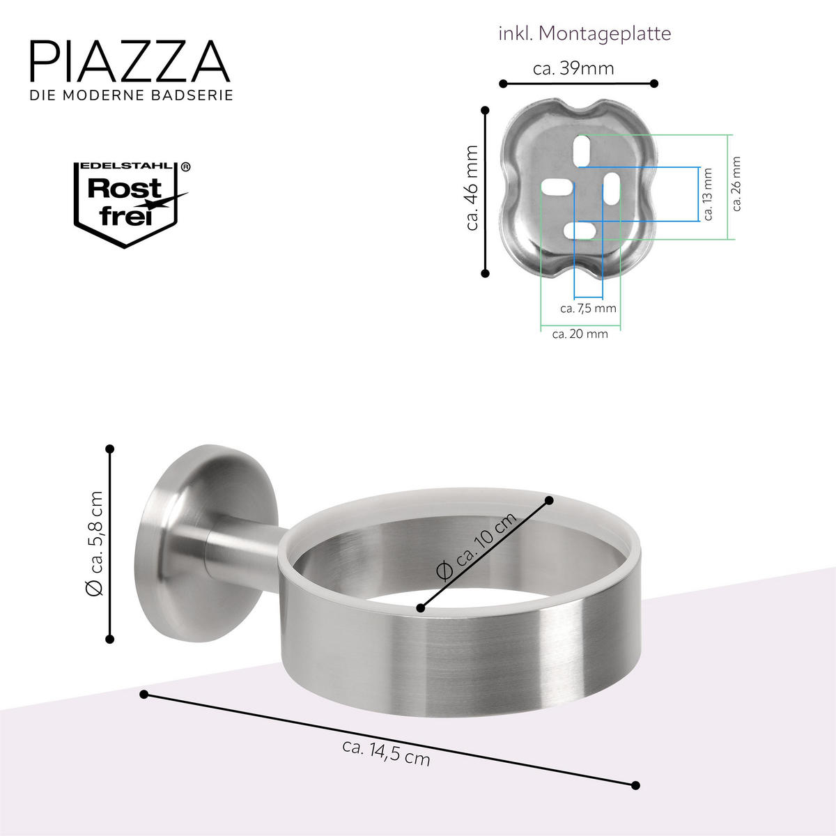 HAARTROCKNER-WANDHALTER PIAZZA, Edelstahl, matt - Edelstahlfarben, Metall (10/5.8/14.5cm) - bremermann