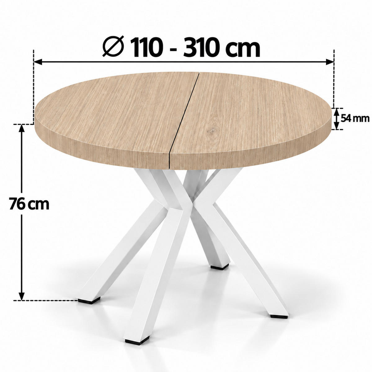 ESSTISCH rund ausziehbar 110/310/76 cm, Braun Hikora Egger, 54 cm Tischplatte + X Metallbeine Weiß - Weiß/Braun, Holzwerkstoff/Metall (110/310/76cm) - Damale Möbel