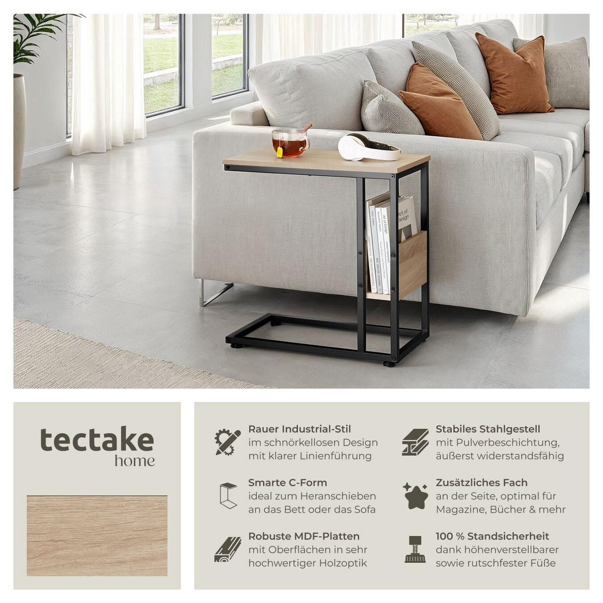 BEISTELLTISCH Wigan,55 x 36,5 x 60 cm,Industrial Holz hell, Eiche Sonoma - Naturfarben, Holz (55/36.5/60cm) - tectake