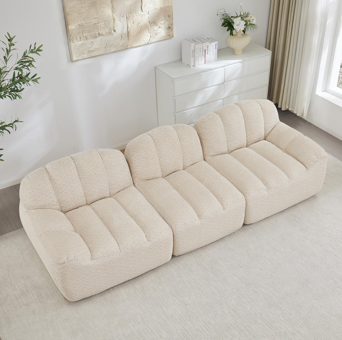 MODULARES 3-Sitzer-Sofa aus Granuliertem Fleece mit Ottomanenfunktion Beige-Weiß - Beige, Textil (104/79/288cm) - Modenvie