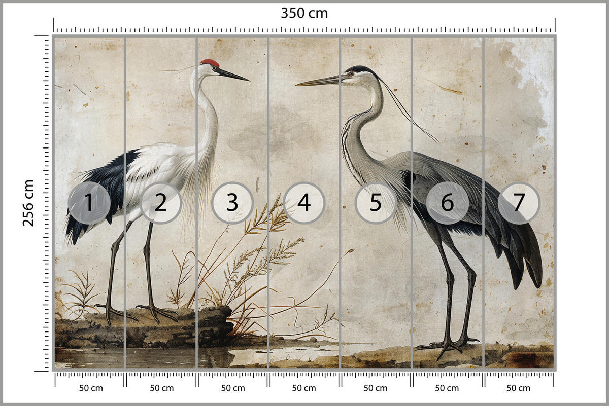 FOTOTAPETE Vögel Vögel Kranich Reiher Retro Stil 350x256 - Beige/Rot, Papier (350/256cm) - Muralo