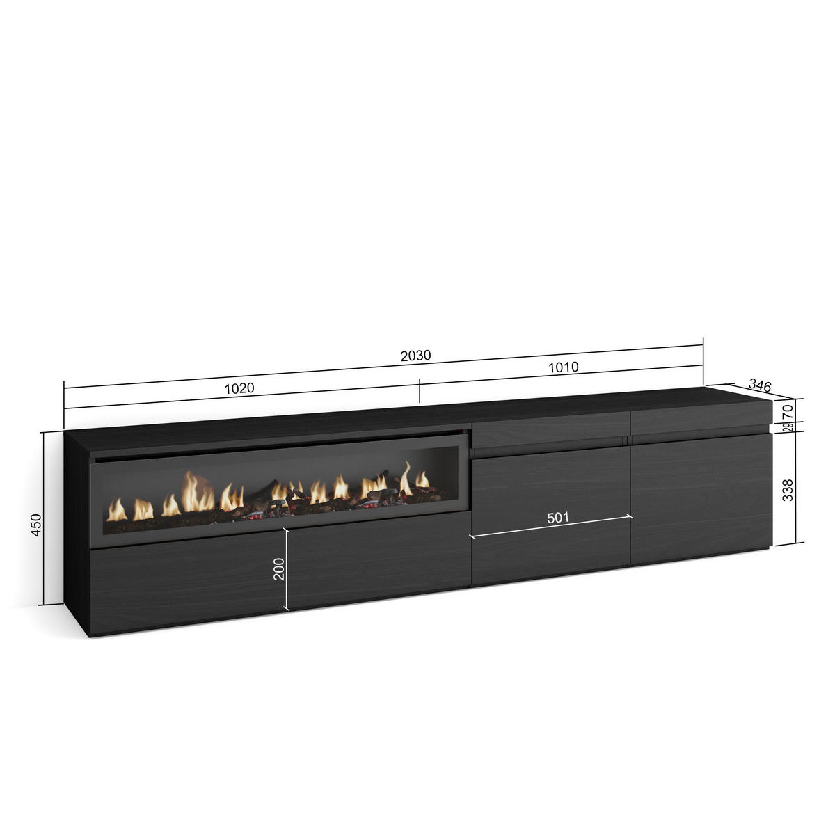 LOWBOARD Elektrokamin, schwarz, 200/35/45cm - Schwarz, Holzwerkstoff (200/45/35cm) - Skraut Home