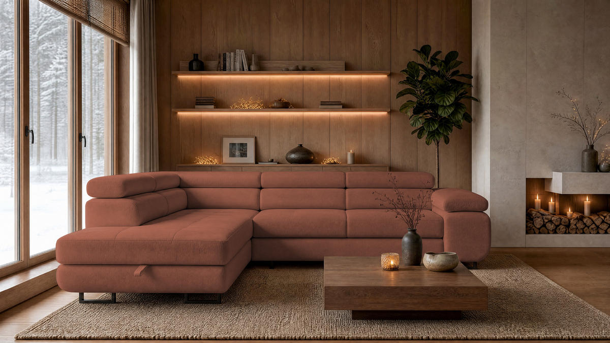 ECKSOFA Velmo mit Bettkasten und Schlaffunktion, verstellbaren Kopfstützen, in L-Form - Hellrosa, Textil (275/203cm)