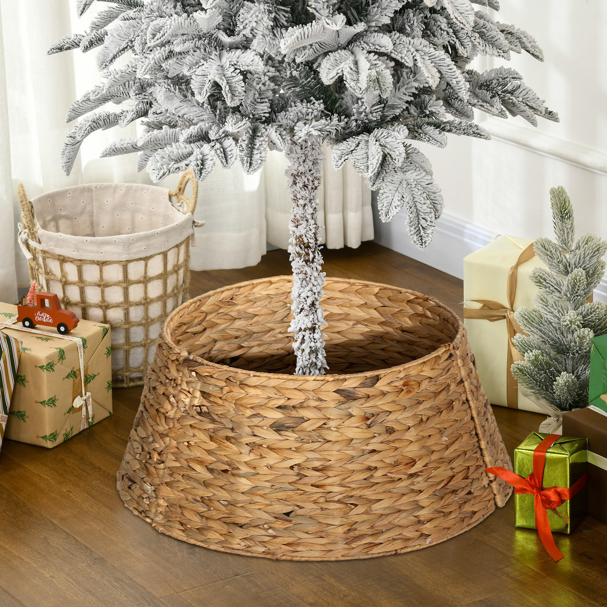 WEIHNACHTSBAUMROCK Ø 60 cm Weihnachtsbaum Kragen aus Wasserhyazinthe, Natur - Naturfarben, Kunststoff/Metall (28cm) - HOMCOM