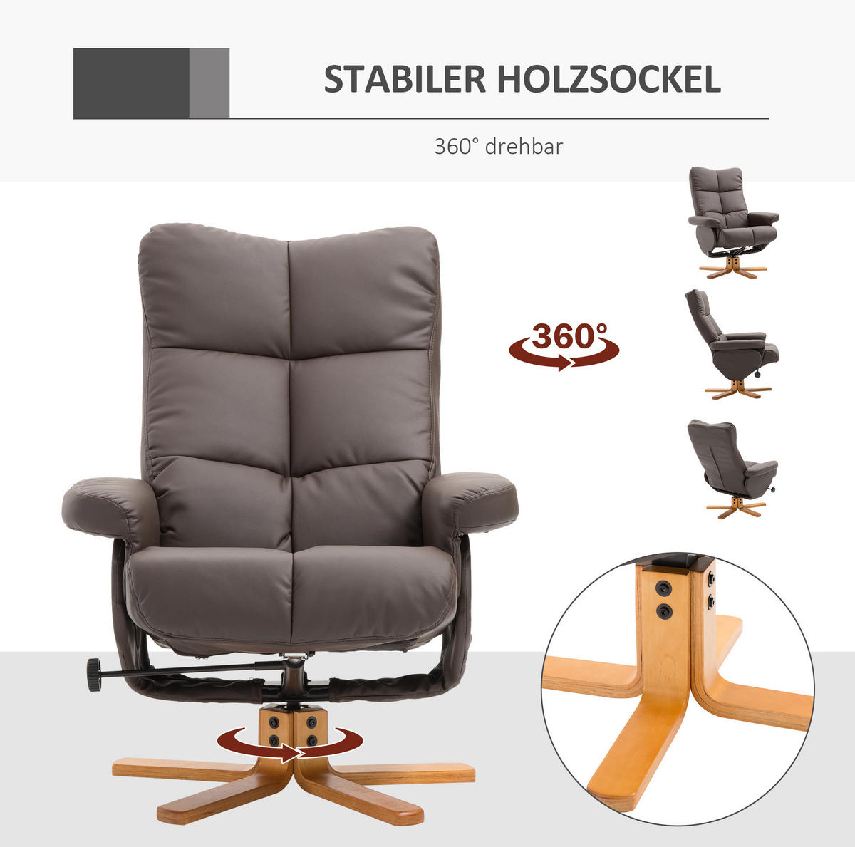 RELA/AČNÍ křeslo s taburetem a úložným prostorem, 80/86/99 cm hnědé, otočné - hnědá, dřevo (86/99/80cm) - BEAOK