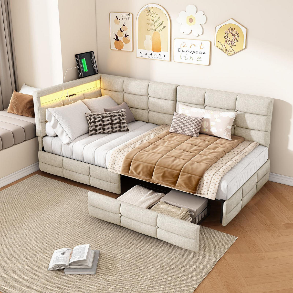 POLSTERBETT 90x200cm Tagesbett mit LED-Beleuchtung und Schublade Leinen Beige - Beige, Textil (90/200cm) - DELFA