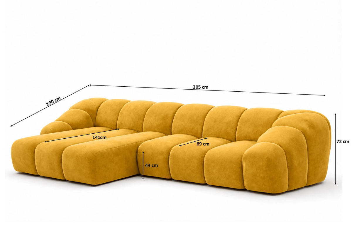 ECKSOFA Modulare L-Form, Veloursstoff Bluvel, Golden, Links, CROISSANT L - Goldfarben, Holz (305/190cm) - Kaiser Möbel