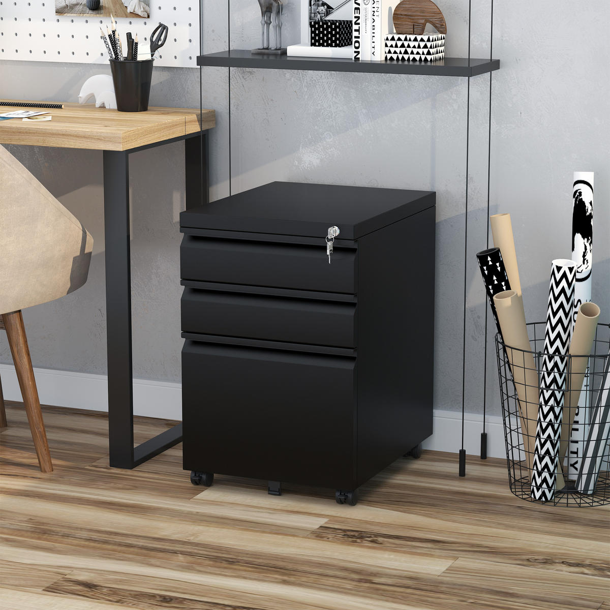 AKTENSCHRANK mit Rädern, konkavem Griff, für Home-Office, Stahl, Schwarz - Schwarz, Metall (48/60/39cm) - Vinsetto