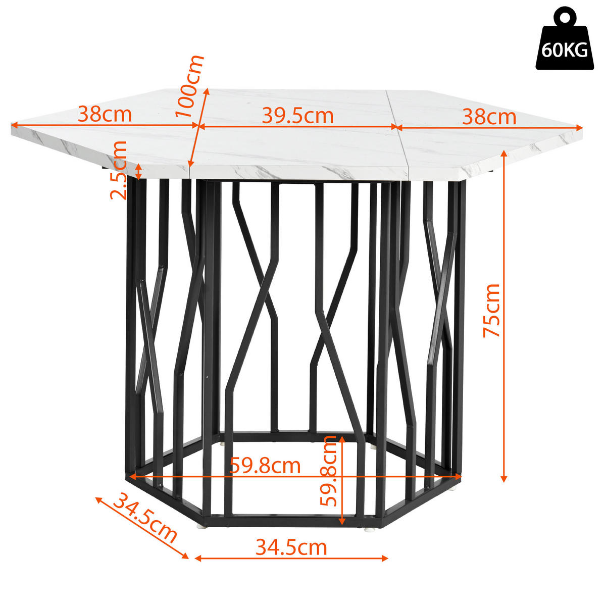 COUCHTISCH 115,5/100 cm sechseckig mit Marmor-Design und schwarzem Metallrahmen - Schwarz, Holzwerkstoff (115.5/100/75cm) - OKWISH