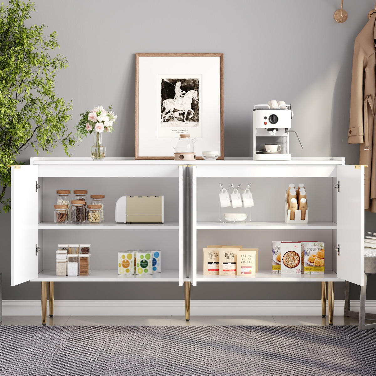SIDEBOARD aus MDF 140x38x75 cm Weiß mit 4 Türen, verstellbaren Einlegeböden und Soft-Close - Weiß, Holzwerkstoff (140/75/38cm) - IVMEU