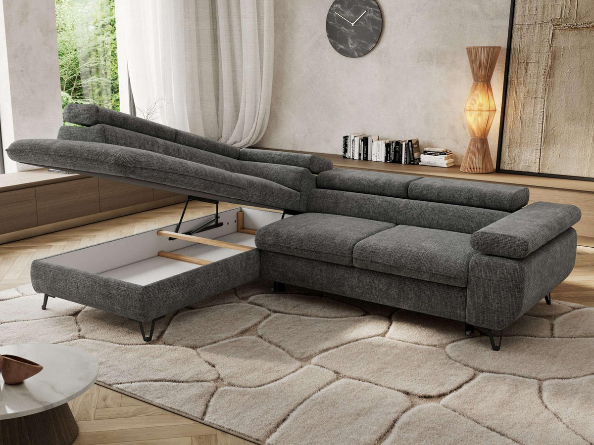 ECKSOFA PABLO L Grau Schenille grob gewebt - Links Seite - Schwarz/Grau, Textil/Metall (208/273cm) - MKS