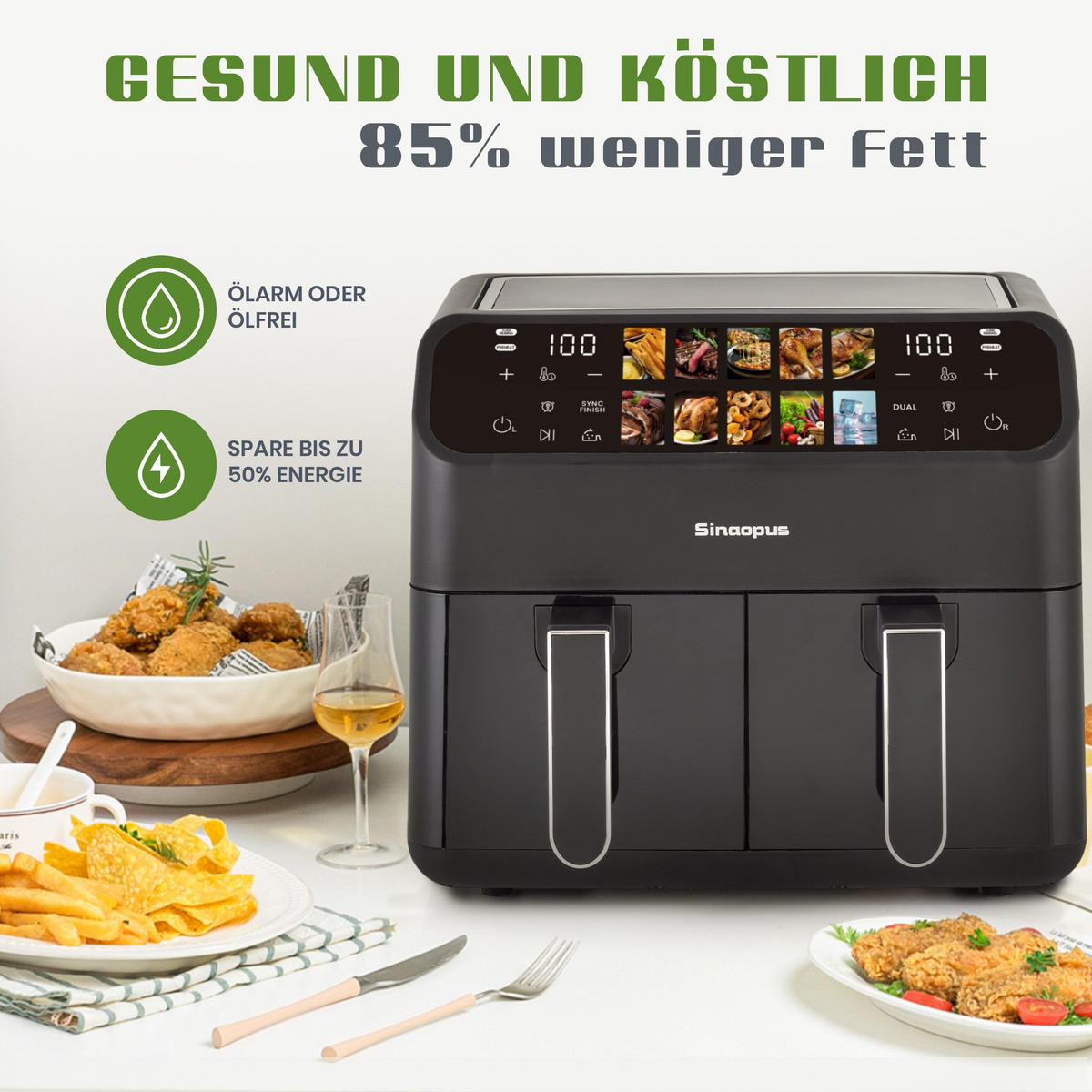 HEISSLUFTFRITTEUSE 9L 10-in-1 & Dual-Kammer, LED-Display - Schwarz, Metall (36/31/32cm)