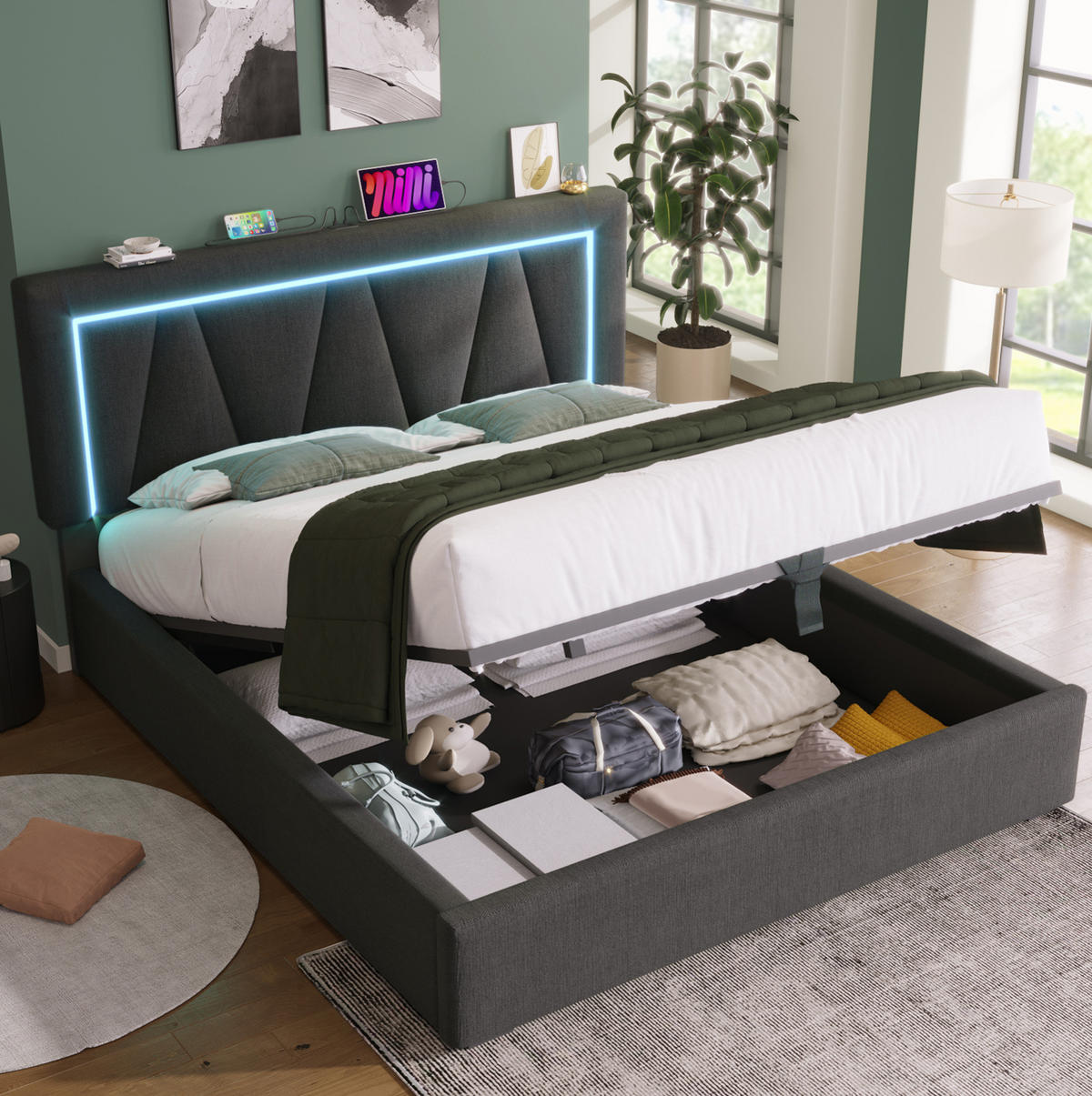 POLSTERBETT 140/200 cm Grau aus Leinen mit LED-Beleuchtung und USB-Anschluss - Grau, Textil - OKMYHOME