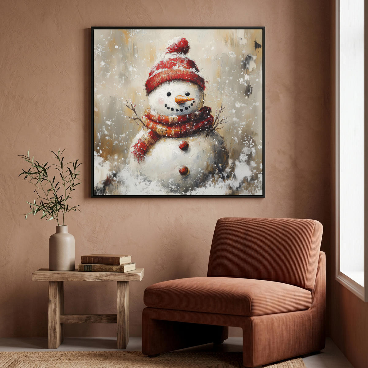 LEINWAND Bilder mit Rahmen - Schneemann - Winter - Schnee - Beige - 90x90 - Weiß, Textil (90/90cm) - MuchoWow