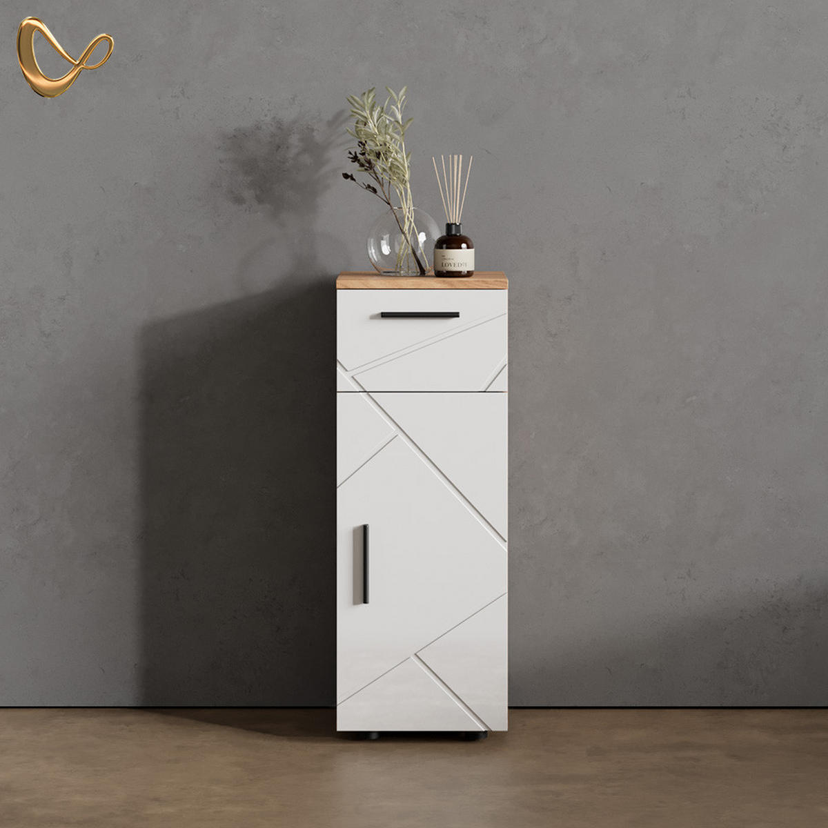 MIDISCHRANK Ronco Weiß Hochglanz/Goldkraft Eiche 30 x 81 cm - Weiß Hochglanz, Holzwerkstoff (30/81/30cm) - Livinity®