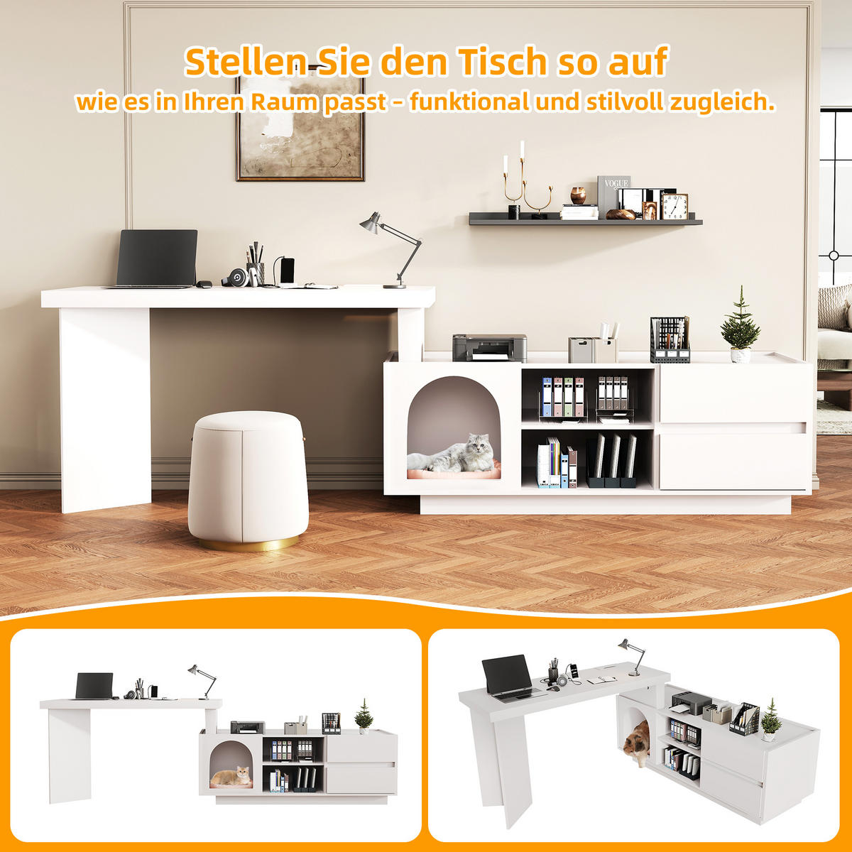 BÜROTISCH mit Stauraum und integriertem Haustierbereich – Weiß - Weiß, Holzwerkstoff/Metall (120/120/75cm) - Urban Meuble