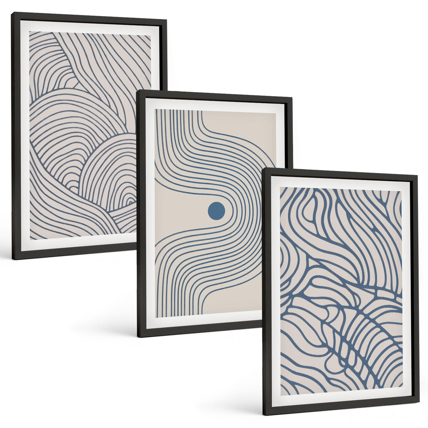 BILDER SET 3er Set - 40x60 cm Schwarzer Rahmen - Abstrakte Linien, Wellenformen - Schwarz, Kunststoff (40/60cm) - TULUP