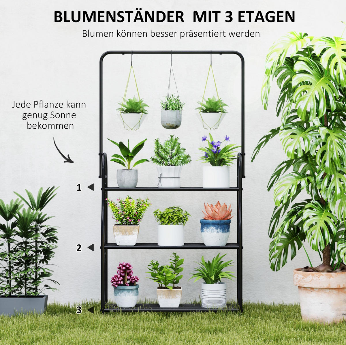 PFLANZENSTÄNDER 75/25/137 cm mit 3 Ebenen, Hängestange und Haken aus Metall, platzsparend, Schwarz - Schwarz, Metall (25/137/75cm) - Redom