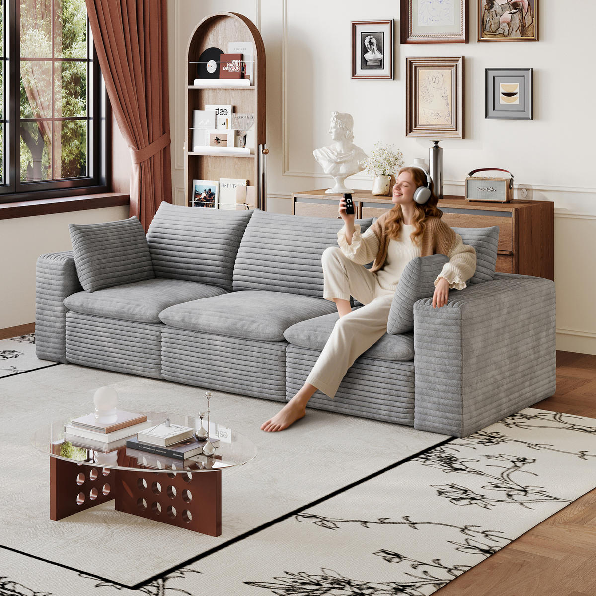 MODULÁRNÍ pohovka z látky 260x90x60 cm šedá s měkkým pěnovým jádrem a variabilním uspořádáním - šedá, textil (260/60/90cm) - Modfu