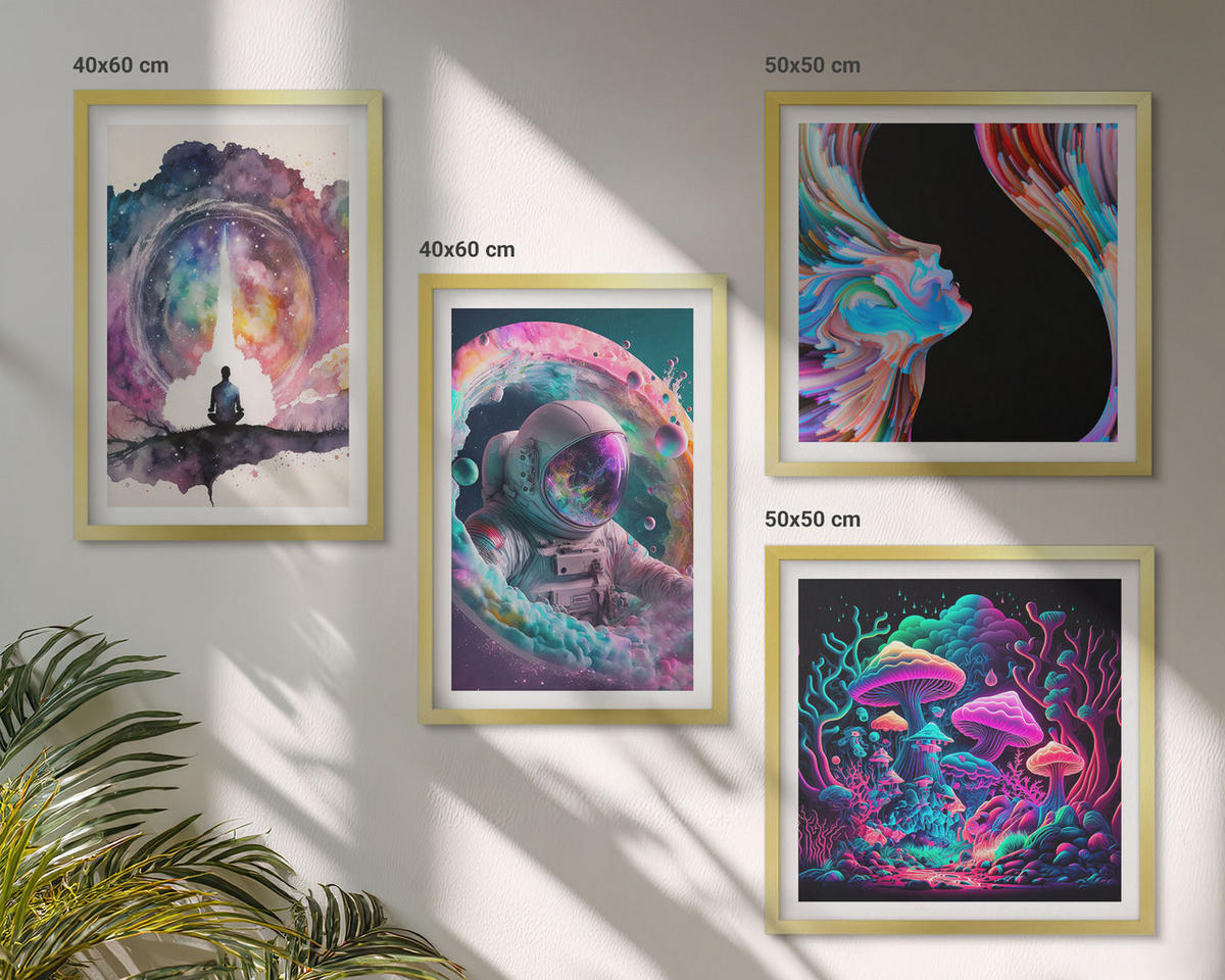 WANDBILDER 4er Set - 50x50 cm & 40x60 cm Goldrahmen - Farbenfrohe Fantasy-Kunstillustrationen - Goldfarben, Kunststoff (50/50cm) - ArtPrintCave