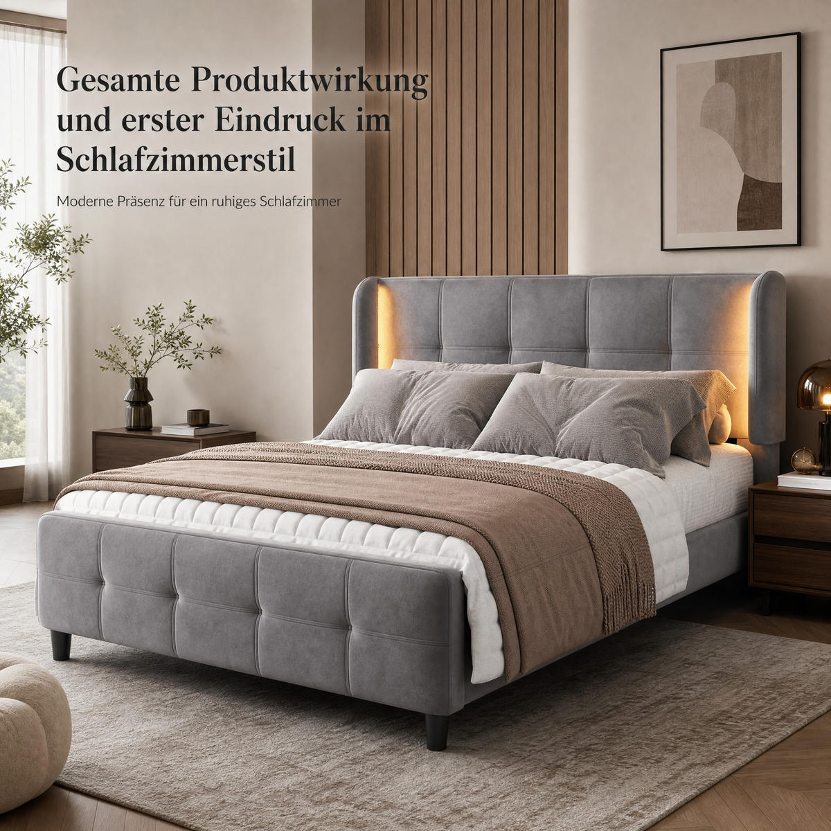 POLSTERBETT 140/200 cm Grau aus Samt mit LED-Beleuchtung - Grau, Textil (140/200cm) - OKMYHOME