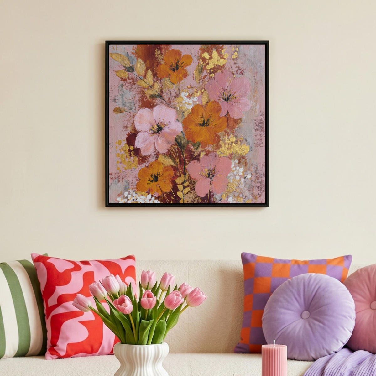 LEINWAND Bilder mit Rahmen - Malerei - Blumen - Rustikal - Rosa - 50x50 - Altrosa, Textil (50/50cm) - MuchoWow