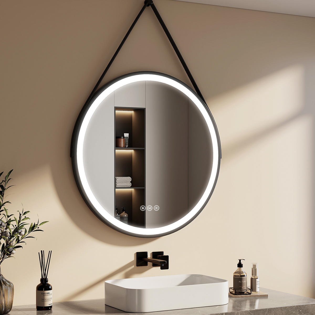 OGLINDA de baie cu LED-uri Ø 80 cm - negru, sticlă (80/80/3.5cm) - EMKE