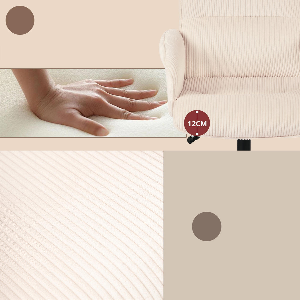 SKANDINAVISCHER Drehsessel mit Armlehnen, Höhenverstellbar, Cordbezug – Beige - Beige/Schwarz, Textil/Metall (62/94/49.5cm) - Meubles Cosy