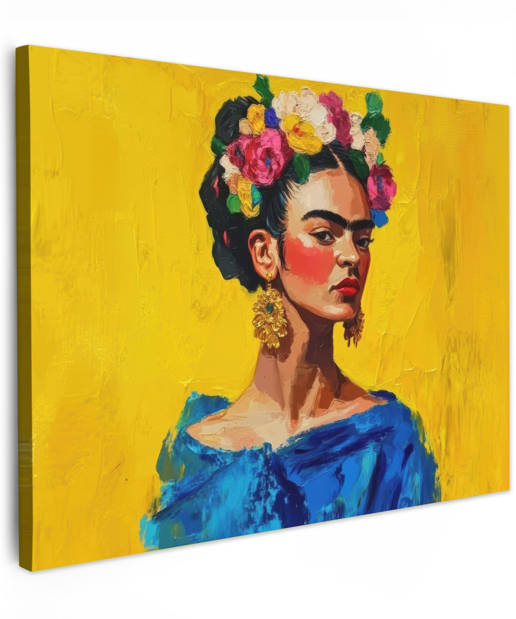 LEINWANDBILD Frida Kahlo - Frau - Gelb - Blau - Blumen Wandbilder 80x60 cm - Gelb, Textil (80/60cm) - MuchoWow
